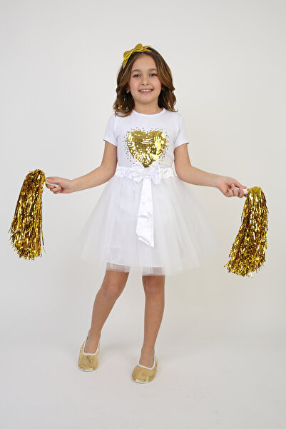 FATELLA Tricou cu inimă cu paiete galben auriu pentru fete Set fustă albă 23 ...