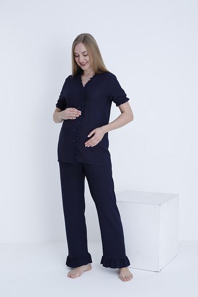 Miss Dünya Lissa Adjustable Waist Woven Maternity and Maternity Pajamas Set with Front Button Ruffle Detail