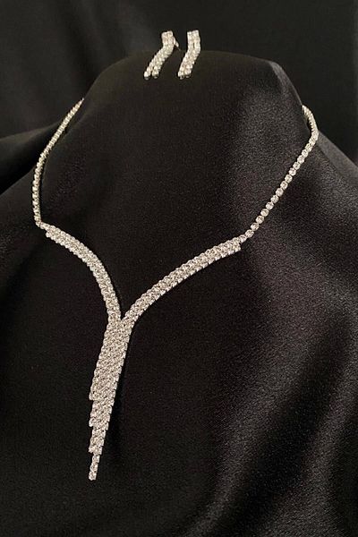 Kenan Takı Women's Vip Evening Dress Wedding Dress Necklace Earrings Waterway Two Rows Necklace Set with Stones