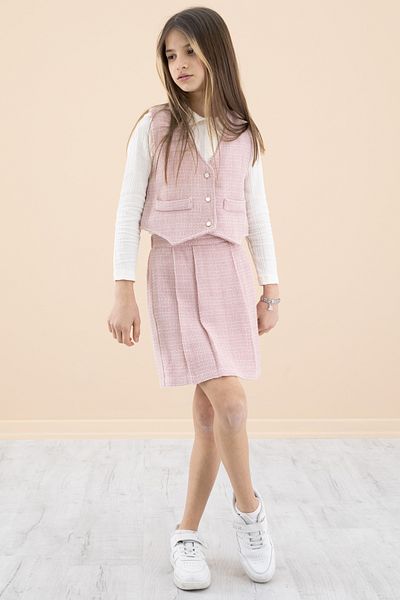 Cansın Mini Pink Glittered Girl's Shirt and Vest Skirt Set - 20234