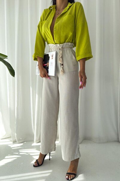 Mossta Φαρδύ λινό παντελόνι με ελαστική ζώνη μέσης σε μπεζ χρώμα