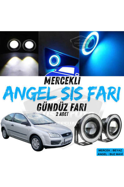 caralp Ford Focus 2 2004-2008 Uyumlu Mercekli Angel Sis Farı Metal 76 mm Buz Mavi Halkalı Gündüz Farı 2 Ad
