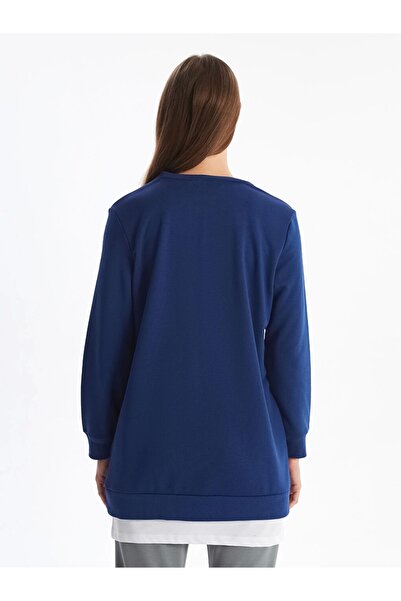 LC Waikiki LCW Modest Lacivert Bisiklet Yaka Baskılı Kadın Sweatshirt Tunik