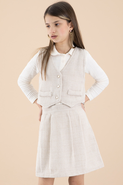 Cansın Mini 3-Piece Set for Girl with Cream Glitter Shirt and Vest and Skirt - 20235