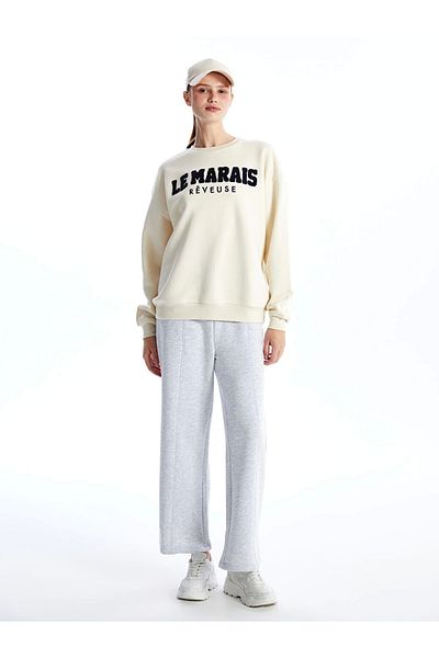 LC Waikiki Xside Beige Crew Neck Κεντημένο Oversize Γυναικείο Χοντρό Φούτερ
