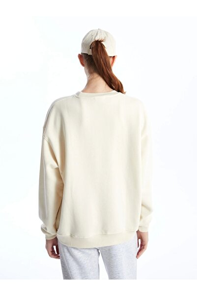 LC Waikiki Xside Beige Crew Neck Κεντημένο Oversize Γυναικείο Χοντρό Φούτερ