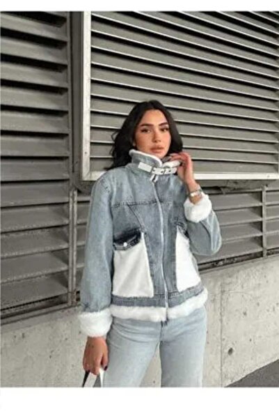 BircanButik Kadın Cepli Kürk Detaylı Kot Mont