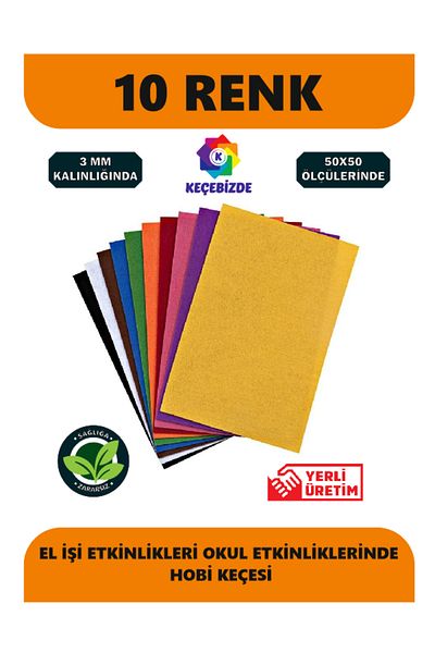 KeçeBizde Colorful Felt 50X50 cm 10 Colors Thick 3 mm for Activity Hobby