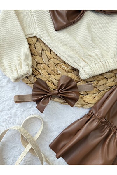 AKİF GİYİM Kız Çocuk & Bebek Takımı Deri Etek Fiyonklu Badi Bandana Takımı