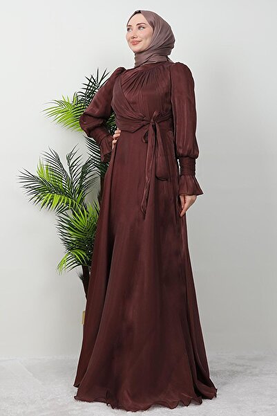 giz astore Fiyonk Detay İpek Abiye Gül Kahve