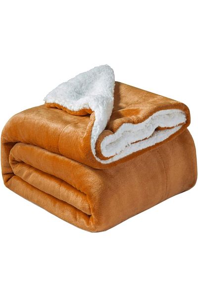 Fabienne Sherpa Blanket 220x240cm Super King Size Reversible Bed Blanket Golden Beige