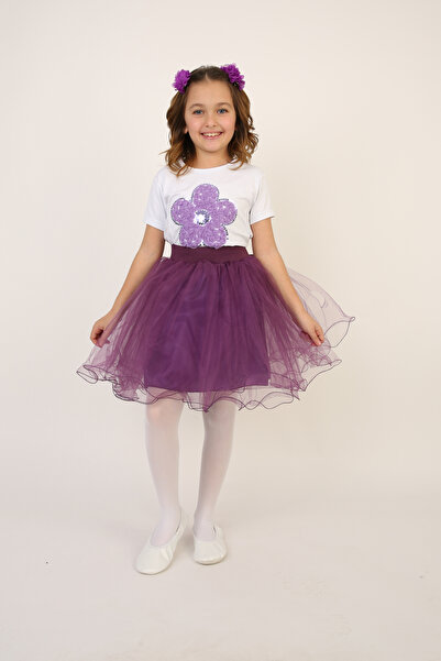 FATELLA Tricou cu imprimeu floral liliac pentru fete, set fustă tutu liliac, ...