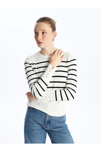 LC Waikiki Lcw Vision Ecru Crew Neck Striped Long Sleeve Women's Knitwear Sweater