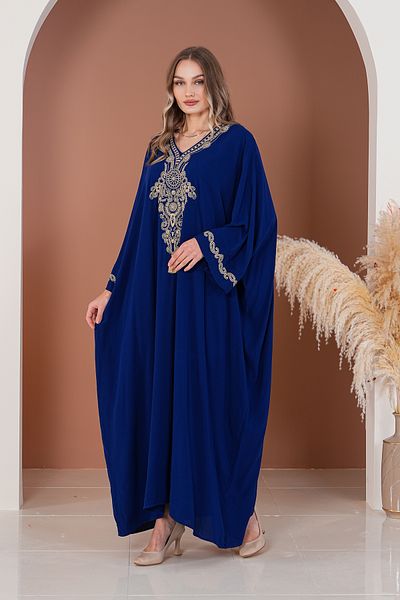 BeyzaBayram Navy Blue Embroidered Viscose Oversize Long Women's Dress - Plus Size A2012