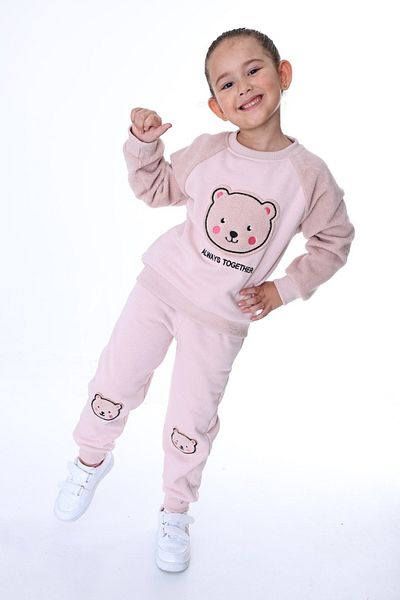 VOY KİDS Shawl Welsoft Sleeve Bear Embroidered Set for 2-7 Years Old Girl - Personality