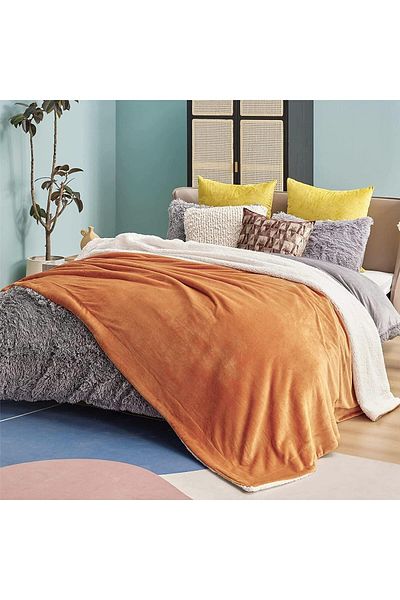 Fabienne Sherpa Blanket 220x240cm Super King Size Reversible Bed Blanket Golden Beige