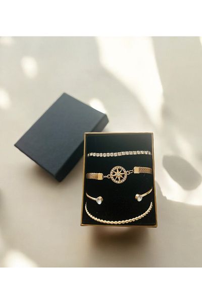 İthal Gold Steel 4Pcs Modern Elegant Bracelet Set, Bracelet