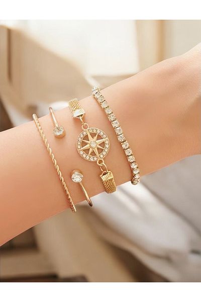 İthal Gold Steel 4Pcs Modern Elegant Bracelet Set, Bracelet