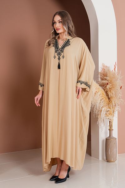BeyzaBayram Women's Beige Embroidery Plus Size Oversize Viscose Long Dress A2020