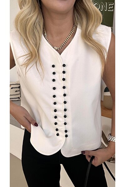 Sezgi Tekin Λεπτομέρεια με κουμπιά μαργαριτάρι Λευκό σουέτ γιλέκο