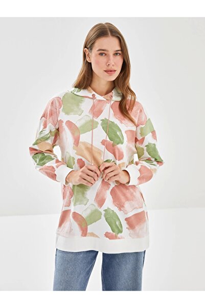 LC Waikiki LCW Modest Pembe Kapüşonlu Desenli Kadın Sweatshirt Tunik