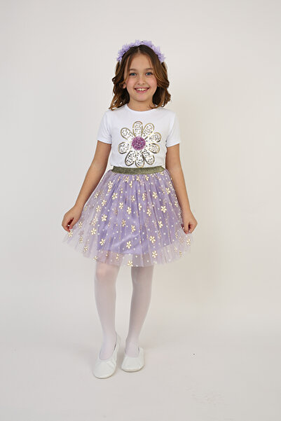 FATELLA Tricou cu imprimeu floral mov pentru fete, set cu fustă mov cu flori,...