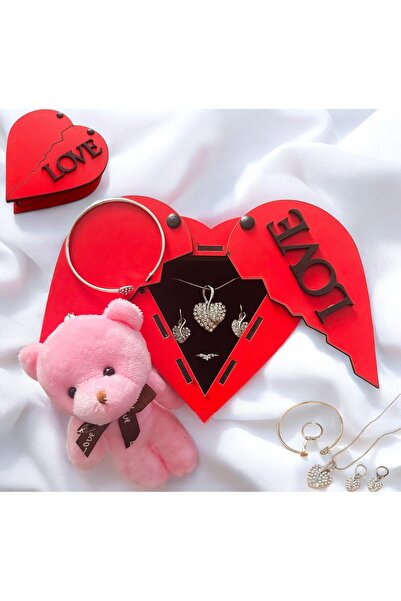 İthal 6 Parça 13x12x5 Kırmızı Ahşap Kutuda Gümüş Kolye,Küpe,Yüzük,Bileklik,Ay...