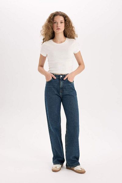 DeFacto Νέα σεζόν 90's Wide Leg Ψηλόμεσο Φαρδύ Μακρύ Jean Snow Washed Παντελόνι