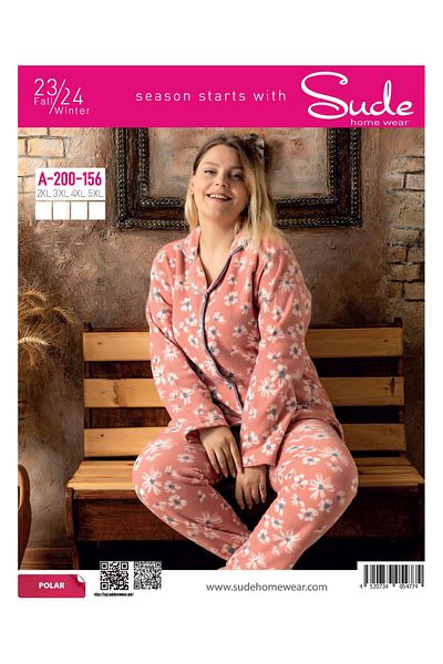 CALİA Women's Oversize Large Size Buttoned Front Long Sleeve Fleece Pajama Set