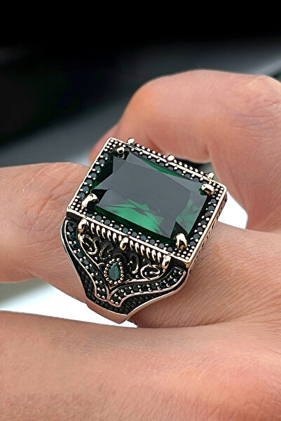 Duende Silver Yeşili Zirkon Taşlı 925 Ayar Gümüş Yüzük Osmanlı Tarz Yüzük Güm...