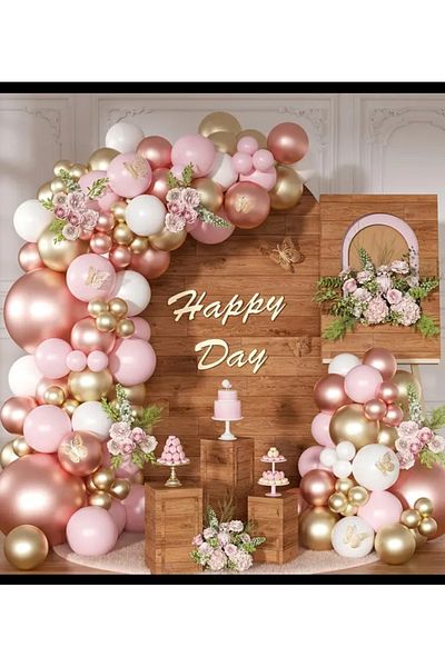 Çemrek Süs Parti Set of 100 Pink and White Rose Gold Chrome Balloon Chains
