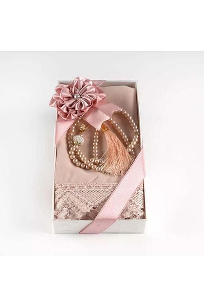 nurfemina Powder Pink Lace Edge Shawl and Pearl Prayer Beads Gift Set - Special Boxed, Women's Accessory