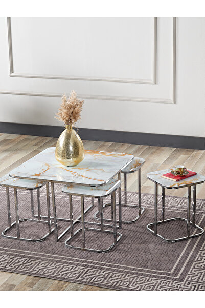 SEDAŞ LIVING UNITS 5 Li 4 1 Sarı Mermer Temperli Cam Gümüş Metal Ayak Takım Sehpa Orta Sehpa Bohem