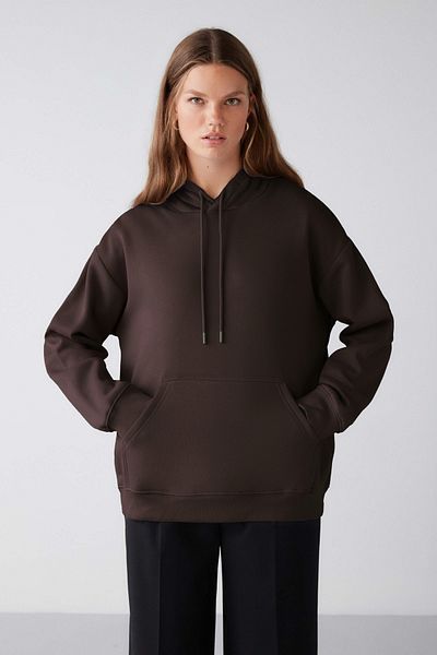 GRIMELANGE Women's Organic Cotton Fleece Inside Green Relaxed Kangaroo Pocket Door Sweatsh