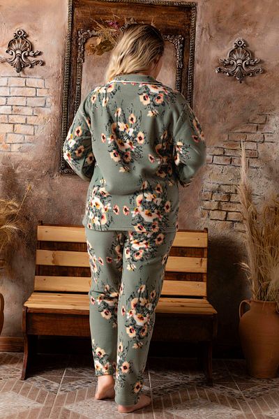 CALİA Women's Oversize Large Size Buttoned Front Long Sleeve Fleece Pajama Set