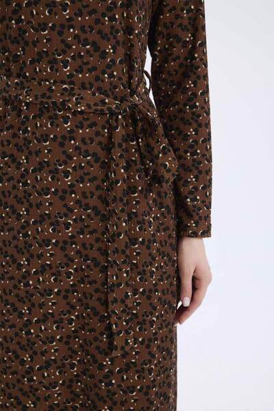 DeFacto Regular Fit Bisiklet Yaka Desenli Uzun Kollu Bürümcük Maxi Elbise