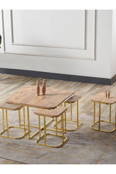 SEDAŞ LIVING UNITS 5 Li Iç Içe 4 1 Açık Ceviz (SUNTALAM) Gold Metal Ayak Takım Sehpa Orta Sehpa Bohem