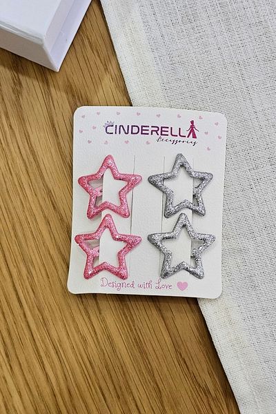 Cinderella Set de 4 catarame cu sclipici cu stea argintie roz - clemă de păr din metal pentru fete colorate