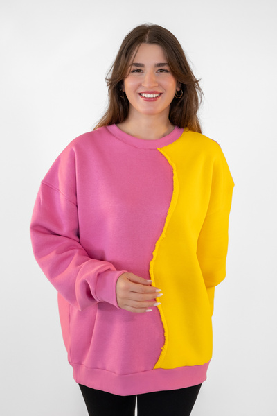 TEVOOY Unısex Oversize 3iplik Içi Tüylü Asitmetrik Kesim Tasarım Sweatshirt Pembe Sarı