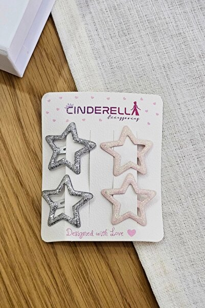 Cinderella Sada 4 stříbrných vlásenek se vzorem hvězd pro dívky - stříbrné a světle růžové