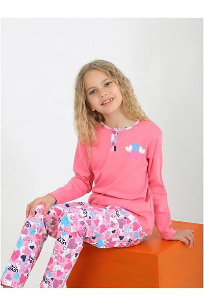 diamondstar Girls' Sleepwear Set with Love Me Buttons - Long Sleeve, 100% Cotton, Button Detail, 10-15 Years