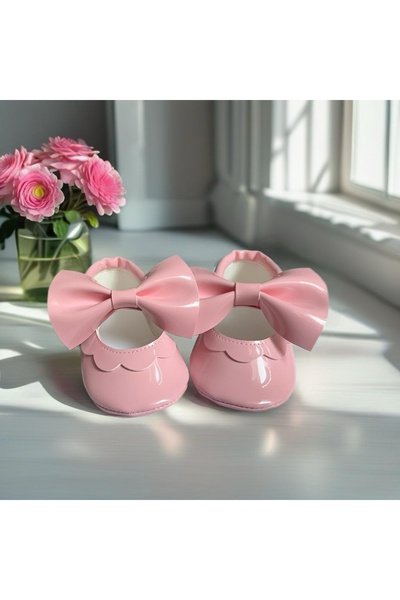 MY MINIE Kız Bebek Makosen Ayakkabı Pembe Rugan Fiyonklu Lastikli Ilk Adım Ay...