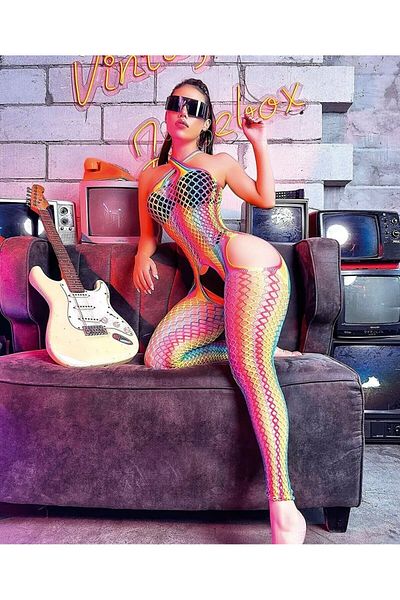 İntive Lingerie Vivaldy Πολύχρωμες κάλτσες σώματος με κορδόνια με μεγάλο πλέγμα σε χρώματα ουράνιου τόξου -4595