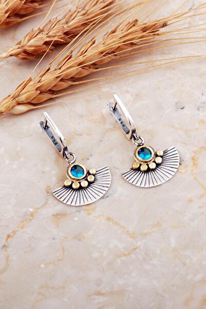 Sümer Telkari Akuamarin Taşlı Yelpaze Çekiç Dövme Tasarım Elişi Gümüş Küpe 7196