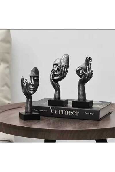 rakaymu Antik Tarz Siyah Gümüş Soyut El Yüz Biblo Heykel Dekoratif Obje Seti