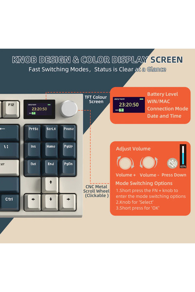 Meyer Gaming Attack Shark K86 2.4G Wireles/Bluetooth/USBC Gasket Kablosuz RGB Ekranlı Mekanik Klavye TÜRKÇE Q