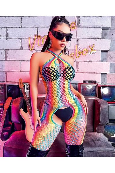 İntive Lingerie Vivaldy Πολύχρωμες κάλτσες σώματος με κορδόνια με μεγάλο πλέγμα σε χρώματα ουράνιου τόξου -4595