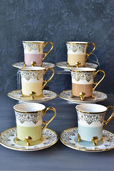 ACAR Porcelain Colored Turkish Coffee Cup Set for 6 People 90 ml