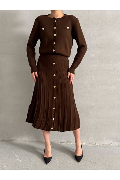 Lusin Bitter Brown Women's Knitwear Set - Button Detailed Cardigan and Midi Skirt S/M
