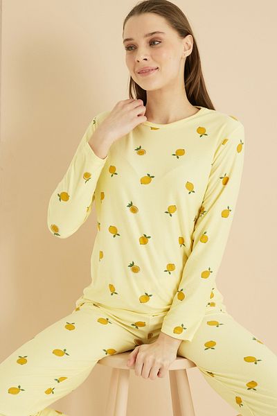 Siyah İnci Yellow Lemon Print Soft Textured Knitted Pajamas Suit 7819